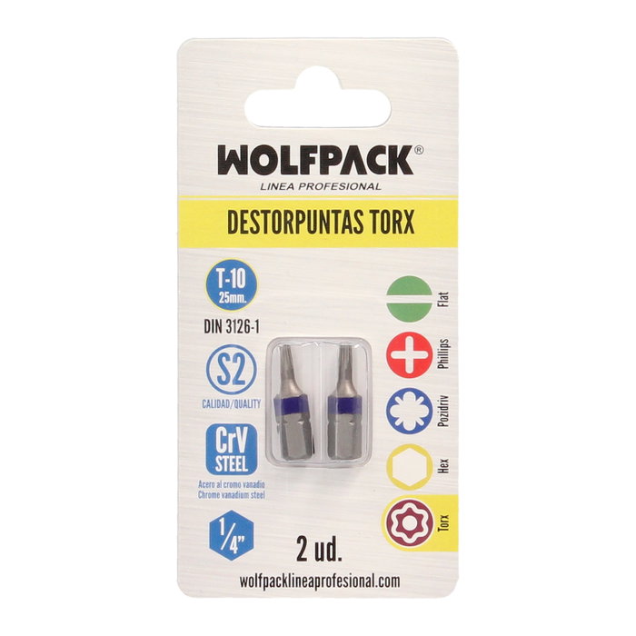WOLFPACK LINEA PROFESIONAL Lot de 2 embouts Torx T-10 en acier S2 WOLFPACK LINEA PROFESIONAL Lot de 2 embouts Torx T-10 en acier S2