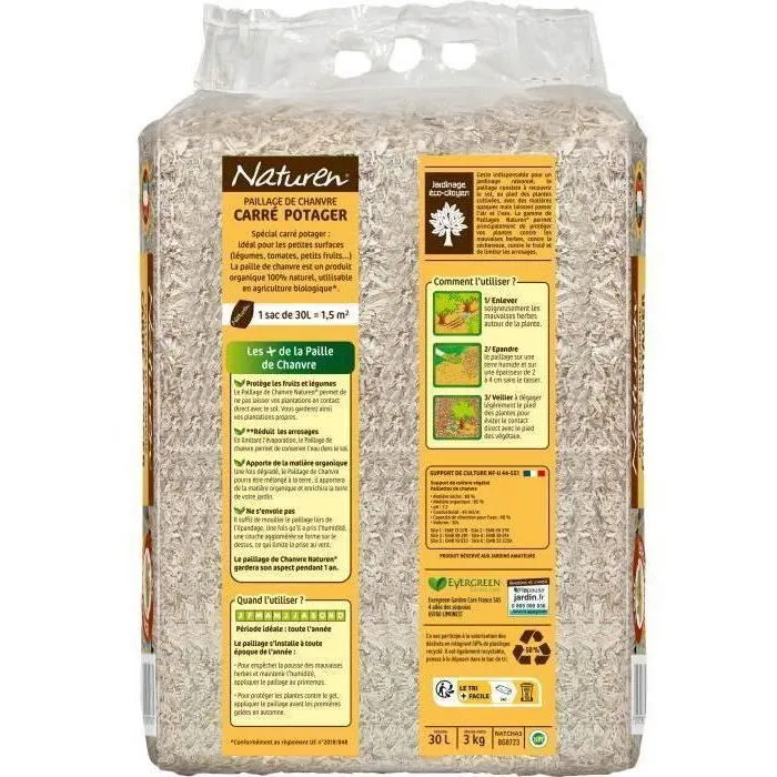 Naturen NATCHA3 Paillage Carré Potager UAB 30 L - 1,5 m² - Paillis de Chanvre Organique 100% Naturel pour Petites Surfaces - Réduit les Arrosages
