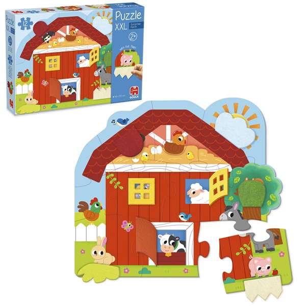 Goula Puzzle XXL Granja Sorpresa - Puzzle surprise de la ferme avec 12 grandes pièces en carton et volets en feutre