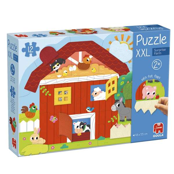 Goula Puzzle XXL Granja Sorpresa - Puzzle surprise de la ferme avec 12 grandes pièces en carton et volets en feutre