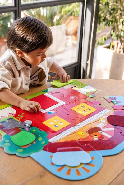 Goula Puzzle XXL Granja Sorpresa - Puzzle surprise de la ferme avec 12 grandes pièces en carton et volets en feutre