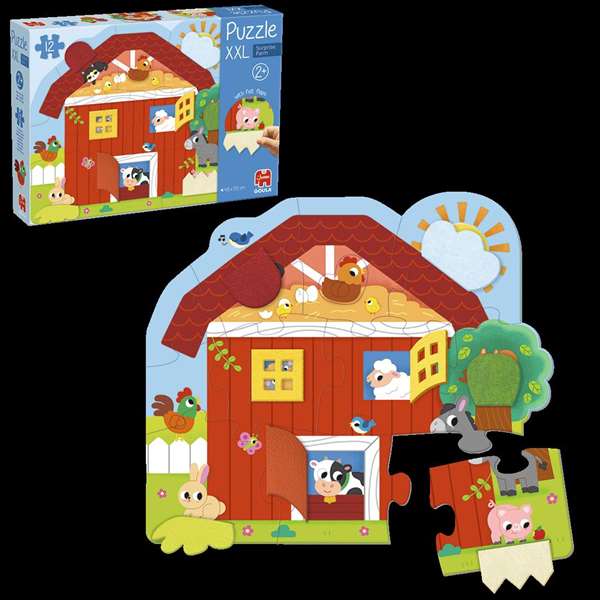Goula Puzzle XXL Granja Sorpresa - Puzzle surprise de la ferme avec 12 grandes pièces en carton et volets en feutre