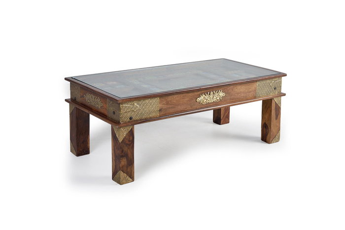 GINER Y COLOMER - Table de salon en palissandre avec azulejos et détails en laiton, plateau en verre - 120x60x45 cm