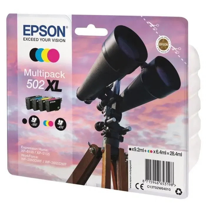 Epson Multipack Cartouche d'Encre 502 XL 4 Couleurs (Noir, Cyan, Jaune, Magenta) - Réf. C13T02W64020 - Compatible Expression Home XP-5100