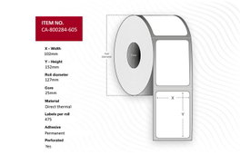 Capture Étiquettes Thermiques 102 x 152 mm, Mandrin 25 mm, Non Couché, Permanent, Perforé, 475 étiquettes/rouleau, 12 rouleaux/boîte, Réf. 800284-605