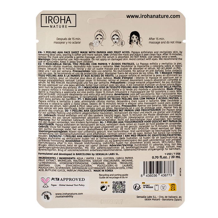 Iroha Masque Facial en Tissu Peeling Papaye AHA - Soin Exfoliant Revitalisant pour Peau Terne et Normale - 1 Unité
