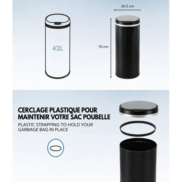 Kitchen Move Poubelle de Cuisine Automatique Sensorielle 42 L Inox avec Cerclage, Finition Noire - Capteur, Ø 31 x 74 cm