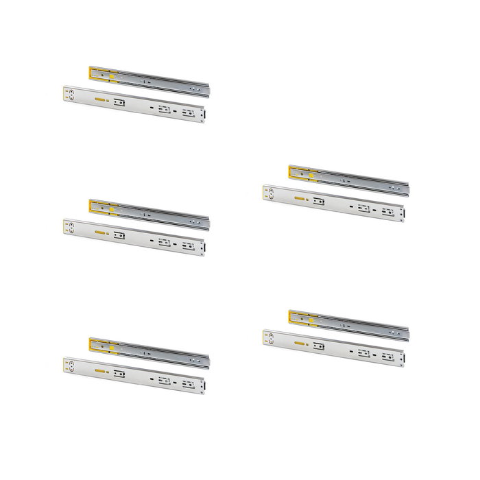 Emuca Lot de 5 jeux de coulisses pour tiroirs, roulement à billes, hauteur 45mm, profondeur 350mm, à sortie totale, avec push, fermeture amortie, zingué Emuca Lot de 5 jeux de coulisses pour tiroirs, roulement à billes, hauteur 45mm, profondeur 350mm, à sortie totale, avec push, fermeture amortie, zingué