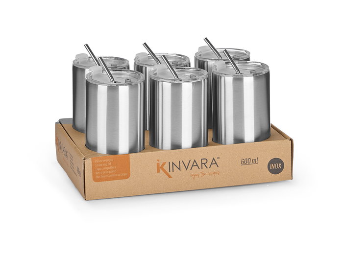 KINVARA Gobelet avec paille et couvercle en acier inoxydable 600ml (Lot de 12)