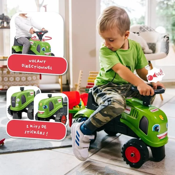 FALK Porteur tracteur Claas avec remorque, pelle, râteau et kits personnalisation, jouet en plastique recyclé fabriqué en France pour enfant 1 à 3 ans