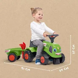 FALK Porteur tracteur Claas avec remorque, pelle, râteau et kits personnalisation, jouet en plastique recyclé fabriqué en France pour enfant 1 à 3 ans