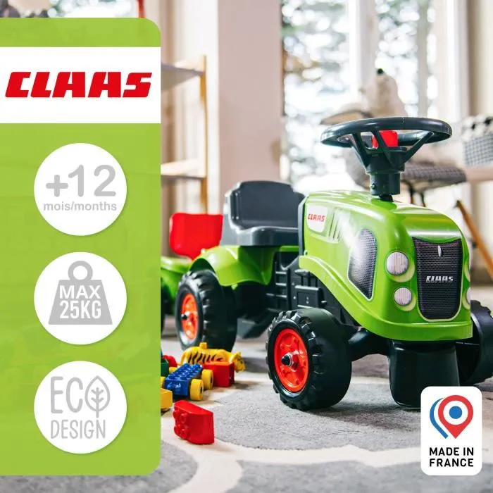 FALK Porteur tracteur Claas avec remorque, pelle, râteau et kits personnalisation, jouet en plastique recyclé fabriqué en France pour enfant 1 à 3 ans