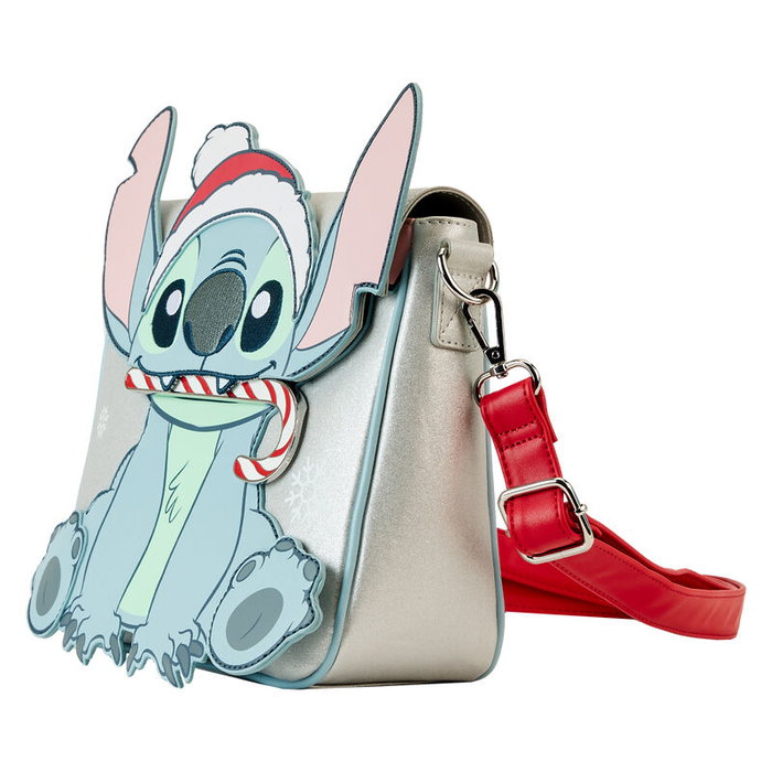 LOUNGEFLY Sac à bandoulière Disney Stitch Holiday Glitter Snow Angel Cosplay - 23,75x20,5x7,5 cm - Cuir vegan, sangle réglable, détails brillants