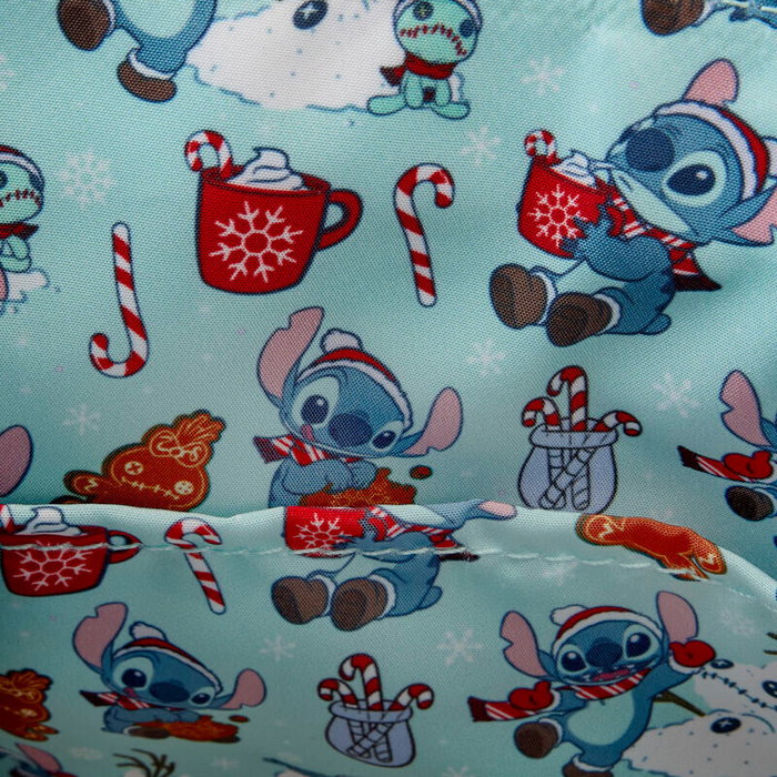 LOUNGEFLY Sac à bandoulière Disney Stitch Holiday Glitter Snow Angel Cosplay - 23,75x20,5x7,5 cm - Cuir vegan, sangle réglable, détails brillants