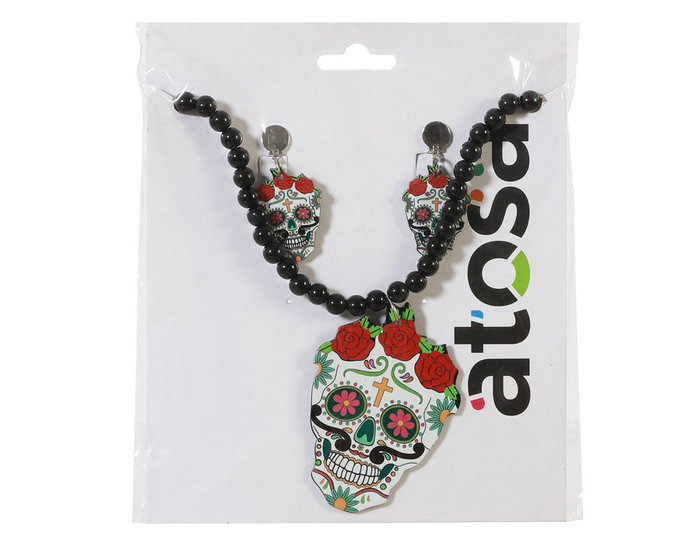 Set de Collier et Boucles d'Oreilles avec Crâne Coloré pour Catrina - Bijou Festif pour Halloween et Fêtes Thématiques Set de Collier et Boucles d'Oreilles avec Crâne Coloré pour Catrina - Bijou Festif pour Halloween et Fêtes Thématiques