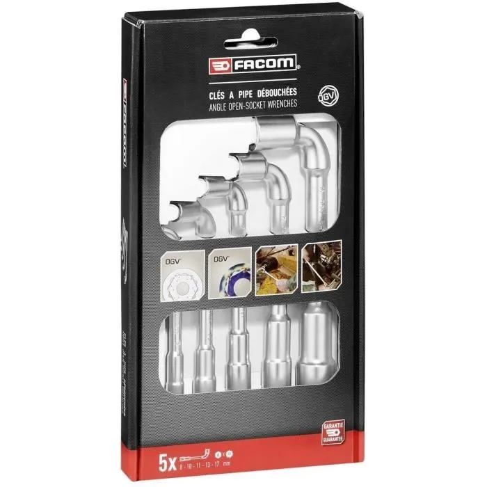 Facom 76.J5PB - Coffret de 5 clés à pipe débouchées profil OGV, 12 pans x 6 pans, ouvertures de 8, 10, 11, 13, 17 mm