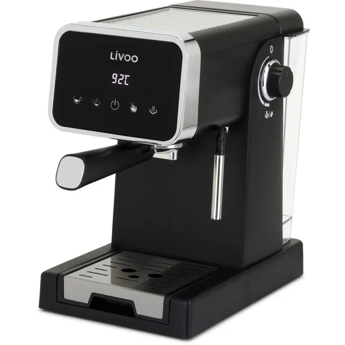 Machine à Café Expresso Livoo DOD218N - 1100 W - Pression 20 Bars - Fonction Vapeur - Réservoir 1.5 L Amovible - Design Noir