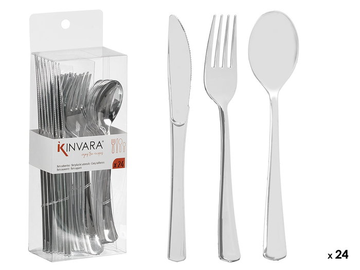 Kinvara Set de 24 Couverts en Plastique Argenté, Couteau 20 cm, Cuillère 17,5 cm, Fourchette 19 cm, 8,2 x 24 x 5 cm (Set de 24) Kinvara Set de 24 Couverts en Plastique Argenté, Couteau 20 cm, Cuillère 17,5 cm, Fourchette 19 cm, 8,2 x 24 x 5 cm (Set de 24)