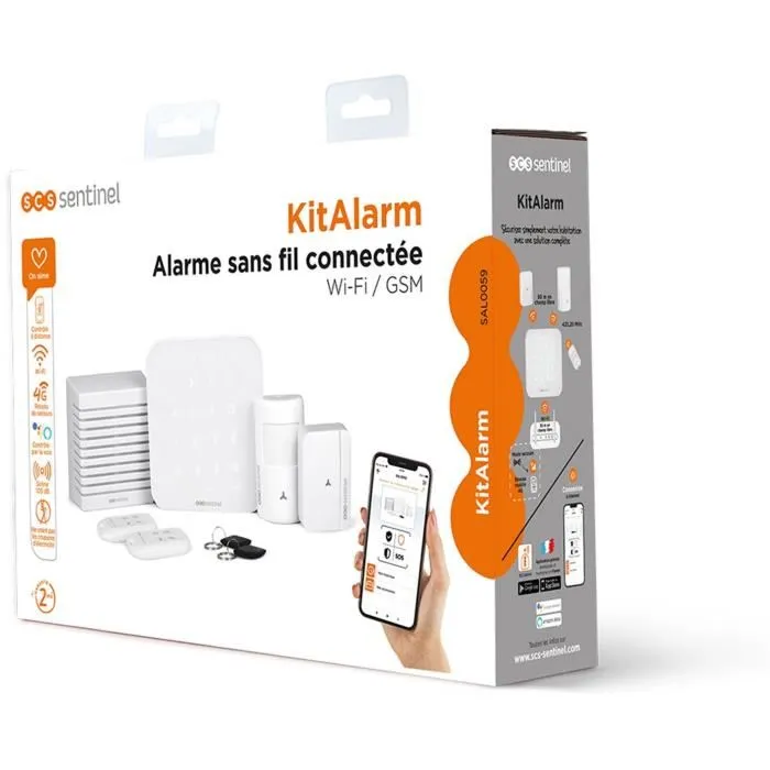 SCS Sentinel KitAlarm - Alarme sans fil connectée Wi-Fi et GSM 4G, Kit complet avec 2 télécommandes, détecteur de mouvement, sirène 105 dB, contrôle vocal Alexa/Google Assistant