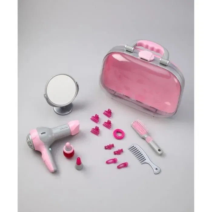 KLEIN Mallette de Coiffure Braun Jouet - Sèche-cheveux Électronique Enfant avec Bruitage, Brosse, Peigne, Bijoux et Cosmétiques Factices - Pour Filles à Partir de 3 Ans