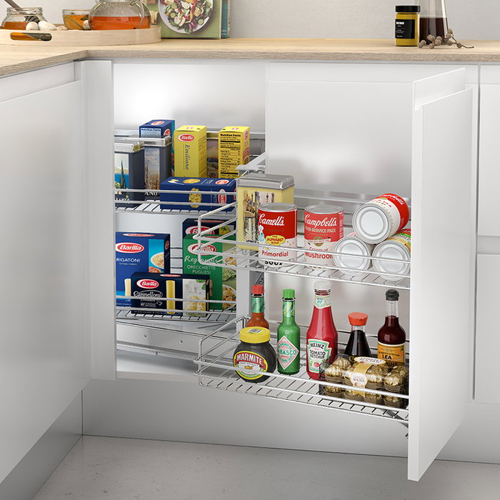 Menage Confort M900 - Tiroir d'angle coulissant droit chromé Classic avec cadre et fermeture amortie, 4 paniers 35 kg