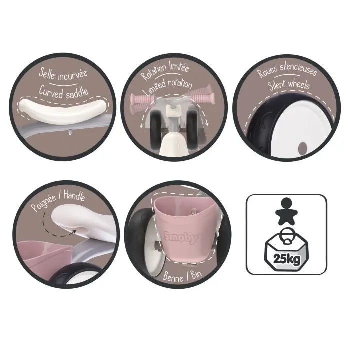 Smoby Porteur Rookie en métal pour enfant à partir de 12 mois, Rose - Premier véhicule d'apprentissage avec marche avant et arrière