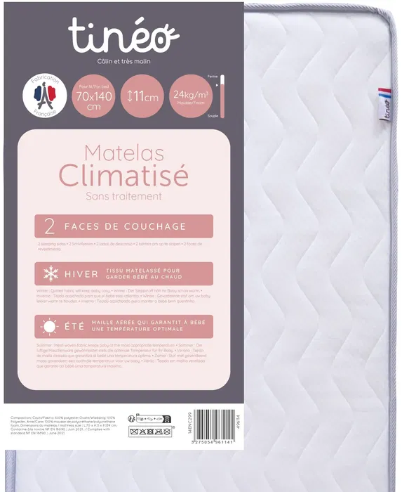 Tineo - Matelas bébé climatisé 2 saisons, face hiver et été, dimensions 70 x 140 cm, épaisseur 11 cm, mousse haute densité