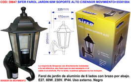 SIFER Farol de jardin 60W avec support haut et capteur de mouvement