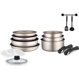 Arthur Martin AM133CH Batterie de cuisine 15 pièces en aluminium avec poignées amovibles, compatible tous feux dont induction (3 poêles, 3 casseroles, sauteuse)