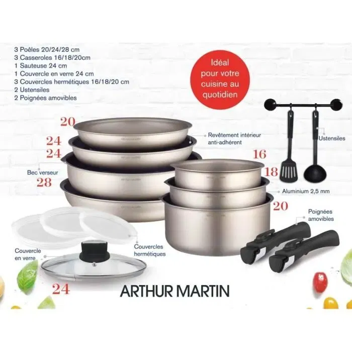 Arthur Martin AM133CH Batterie de cuisine 15 pièces en aluminium avec poignées amovibles, compatible tous feux dont induction (3 poêles, 3 casseroles, sauteuse)