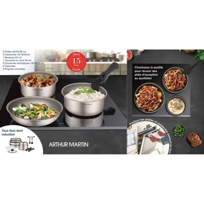 Arthur Martin AM133CH Batterie de cuisine 15 pièces en aluminium avec poignées amovibles, compatible tous feux dont induction (3 poêles, 3 casseroles, sauteuse)
