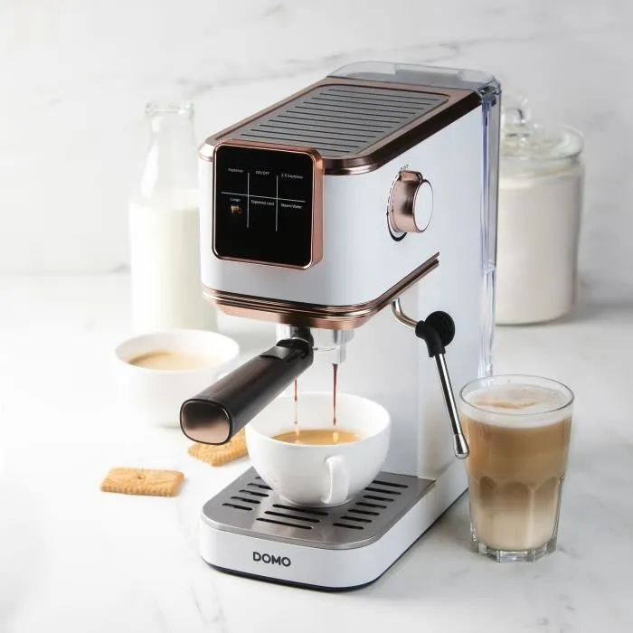 Domo DO746K Machine à expresso 3 en 1, Blanc/Rose, 1350 W, 20 Bars, écran tactile, pour café moulu, dosettes et capsules, buse vapeur