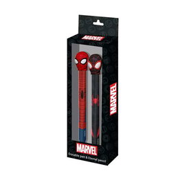 Karactermania - Pack de stylo et crayon sans mine gel effaçable Spiderman Peter Parker - Stylo à gel bleu avec effaceur et crayon métallique - Licence officielle - À partir de 3 ans