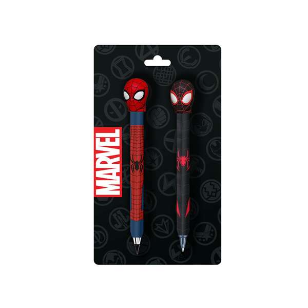 Karactermania - Pack de stylo et crayon sans mine gel effaçable Spiderman Peter Parker - Stylo à gel bleu avec effaceur et crayon métallique - Licence officielle - À partir de 3 ans