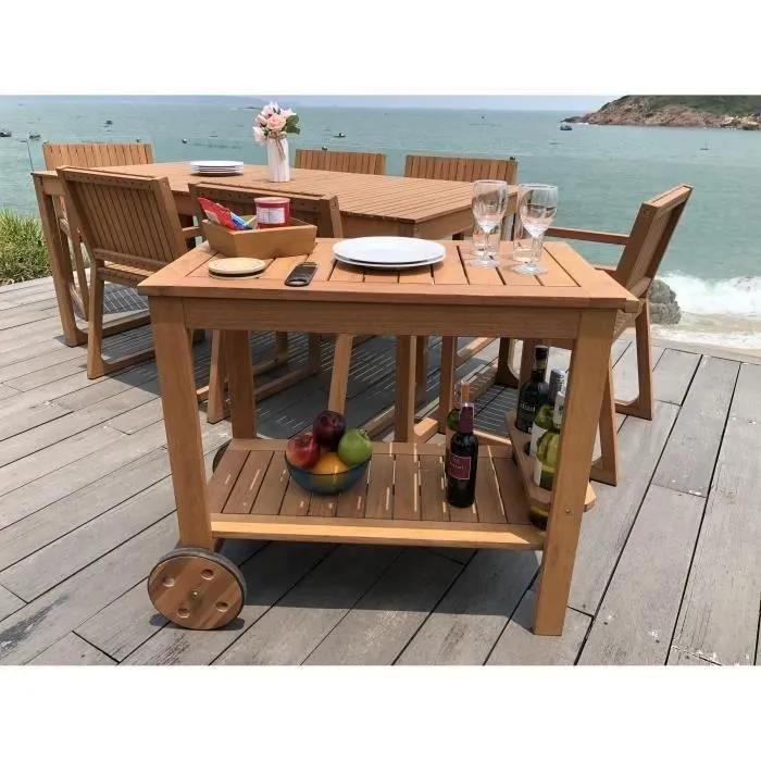 SOLIS Desserte de jardin avec roulettes en bois d'acacia FSC, avec porte-bouteilles intégré, dimensions 94 x 49,3 x 74 cm - Naturel