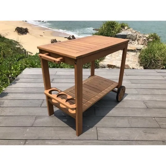 SOLIS Desserte de jardin avec roulettes en bois d'acacia FSC, avec porte-bouteilles intégré, dimensions 94 x 49,3 x 74 cm - Naturel