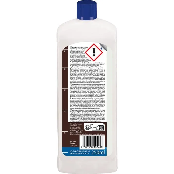 Melitta - Détartrant liquide pour cafetières filtre - Élimine calcaire, graisses et huiles - 250 ml