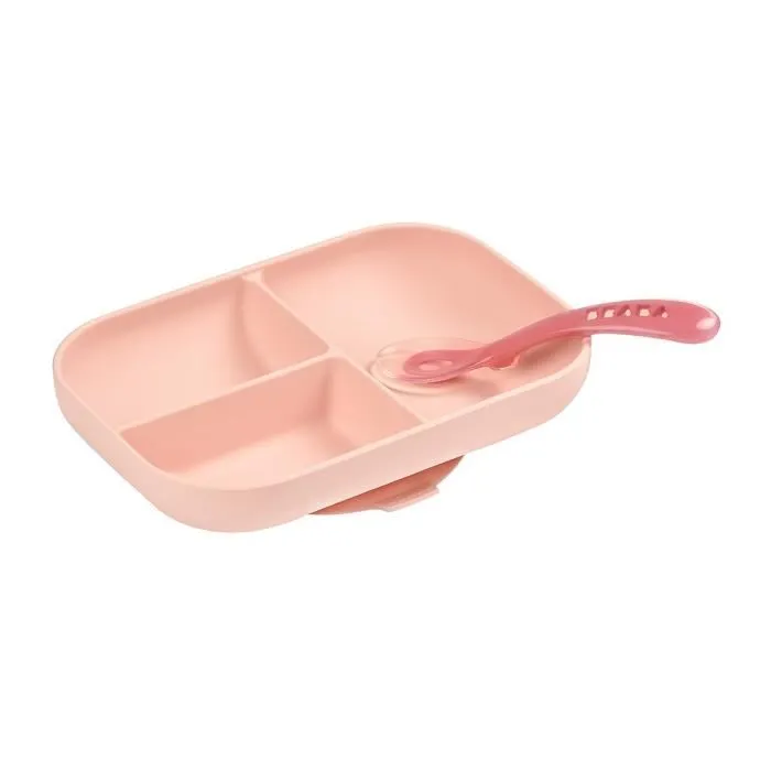 Beaba Set Repas Bébé avec Ventouse, Assiette Silicone Compartimentée et Cuillère, Rose Beaba Set Repas Bébé avec Ventouse, Assiette Silicone Compartimentée et Cuillère, Rose