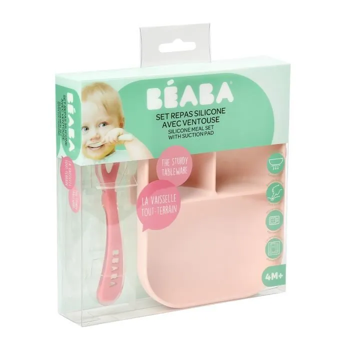 Beaba Set Repas Bébé avec Ventouse, Assiette Silicone Compartimentée et Cuillère, Rose Beaba Set Repas Bébé avec Ventouse, Assiette Silicone Compartimentée et Cuillère, Rose