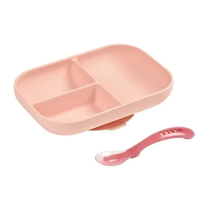 Beaba Set Repas Bébé avec Ventouse, Assiette Silicone Compartimentée et Cuillère, Rose Beaba Set Repas Bébé avec Ventouse, Assiette Silicone Compartimentée et Cuillère, Rose