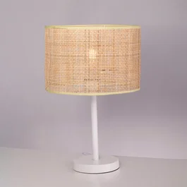 Pakdasht SKD-T1011 Lampe de table en rotin et métal blanc - Abat-jour naturel - Douille E27 - Style bohème chic