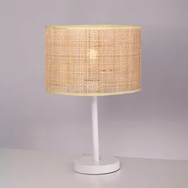 Pakdasht SKD-T1011 Lampe de table en rotin et métal blanc - Abat-jour naturel - Douille E27 - Style bohème chic
