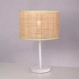 Lampe de Table Rotin Pakdasht SKD-T1011, Style Boho-Chic, Métal Blanc, Culot E27