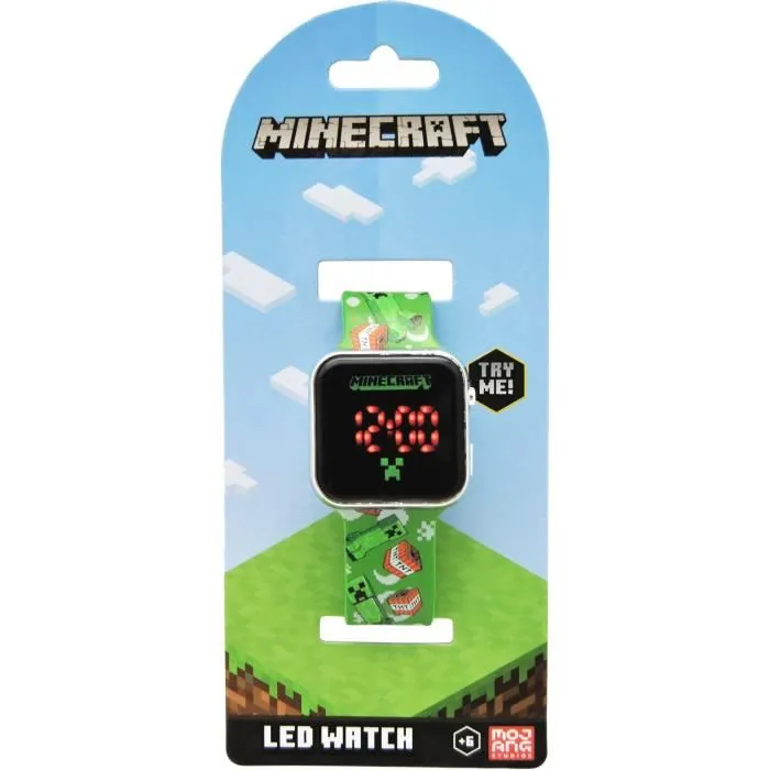 Kids Licensing Montre LED Minecraft pour Enfant MIN4129, Afficheur Heure et Date, Boîtier Rond Multicolore Étanche