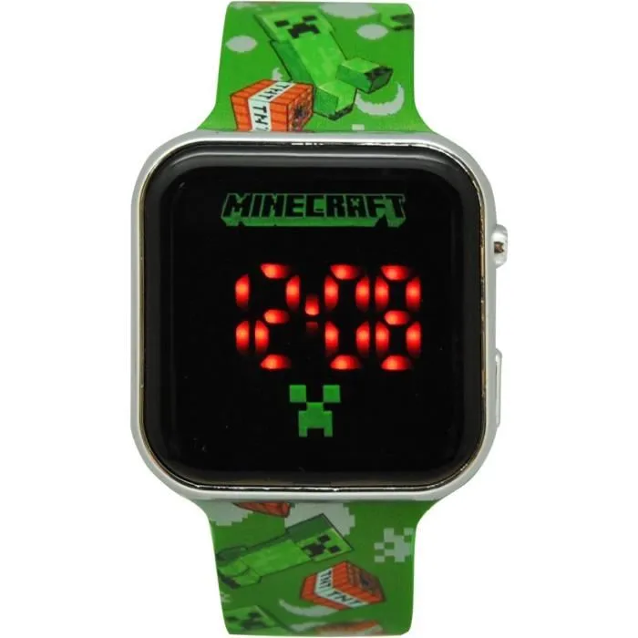 Kids Licensing Montre LED Minecraft pour Enfant MIN4129, Afficheur Heure et Date, Boîtier Rond Multicolore Étanche