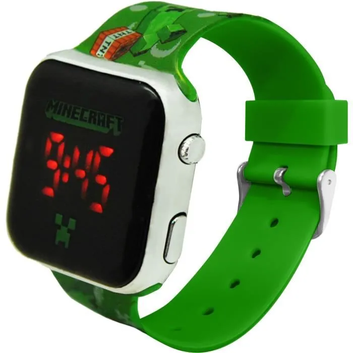 Kids Licensing Montre LED Minecraft pour Enfant MIN4129, Afficheur Heure et Date, Boîtier Rond Multicolore Étanche
