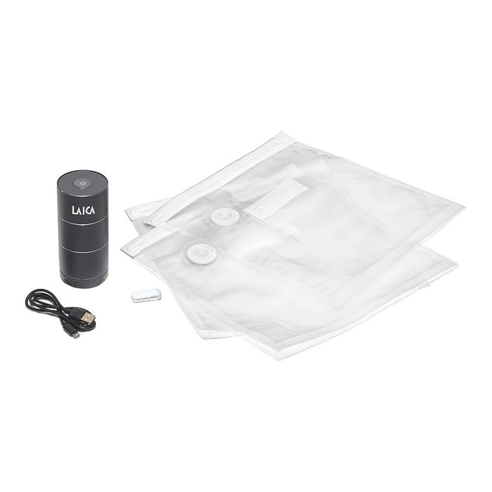 Laica VT3402 Pompe à vide portable rechargeable avec batterie lithium 70 min, métal, câble USB et 10 sachets VT3522, Ø4,9 x 11 cm Laica VT3402 Pompe à vide portable rechargeable avec batterie lithium 70 min, métal, câble USB et 10 sachets VT3522, Ø4,9 x 11 cm