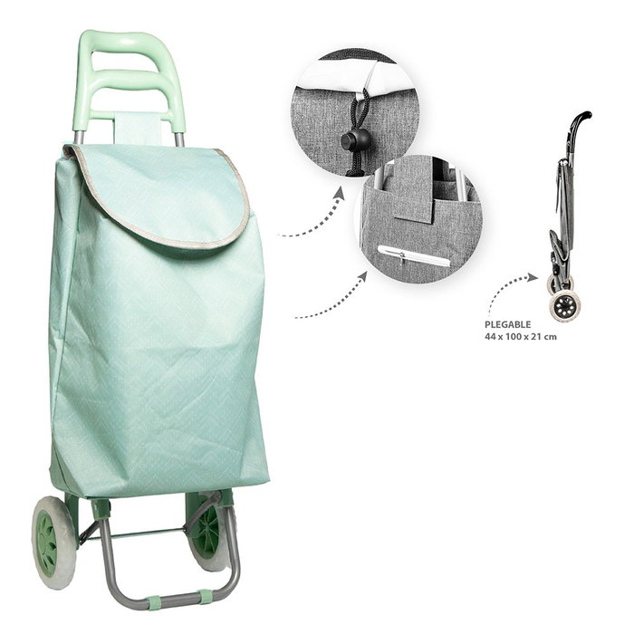 Caison Chariot de courses pliable vert 2 roues avec fermeture cordon et poche 44x21x100 cm Caison Chariot de courses pliable vert 2 roues avec fermeture cordon et poche 44x21x100 cm