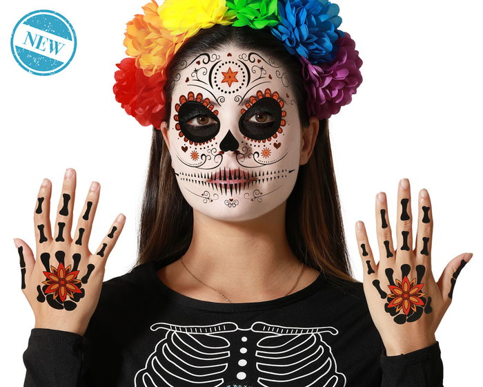 Tatouages faciaux et mains crâne mexicain noir et rouge Tatouages faciaux et mains crâne mexicain noir et rouge