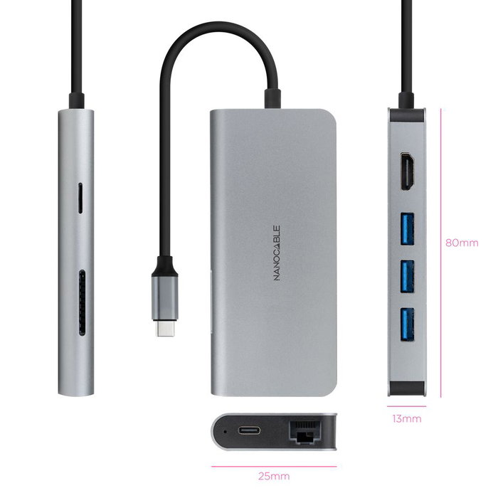 Nanocable Hub USB-C 8 en 1 Multiport avec HDMI 4K, Ethernet, PD 100W